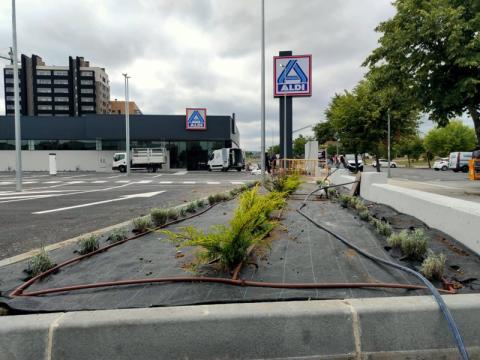 Jardín urbano en zona comercial.