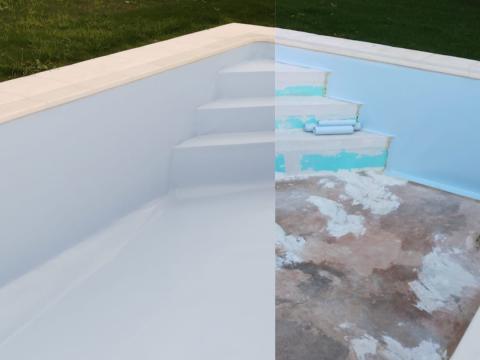 Antes y después, colocación de liner en vaso y escaleras de piscina