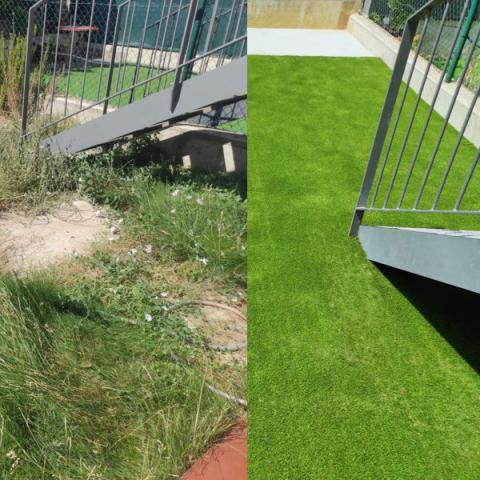 Antes y después de instalar cesped artificial en pequeño jardín